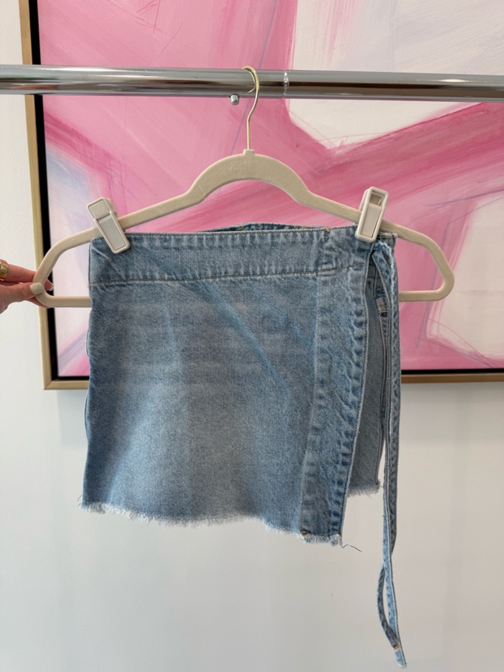 We The Free Light Wash Denim Mini Wrap Shorts, size 0